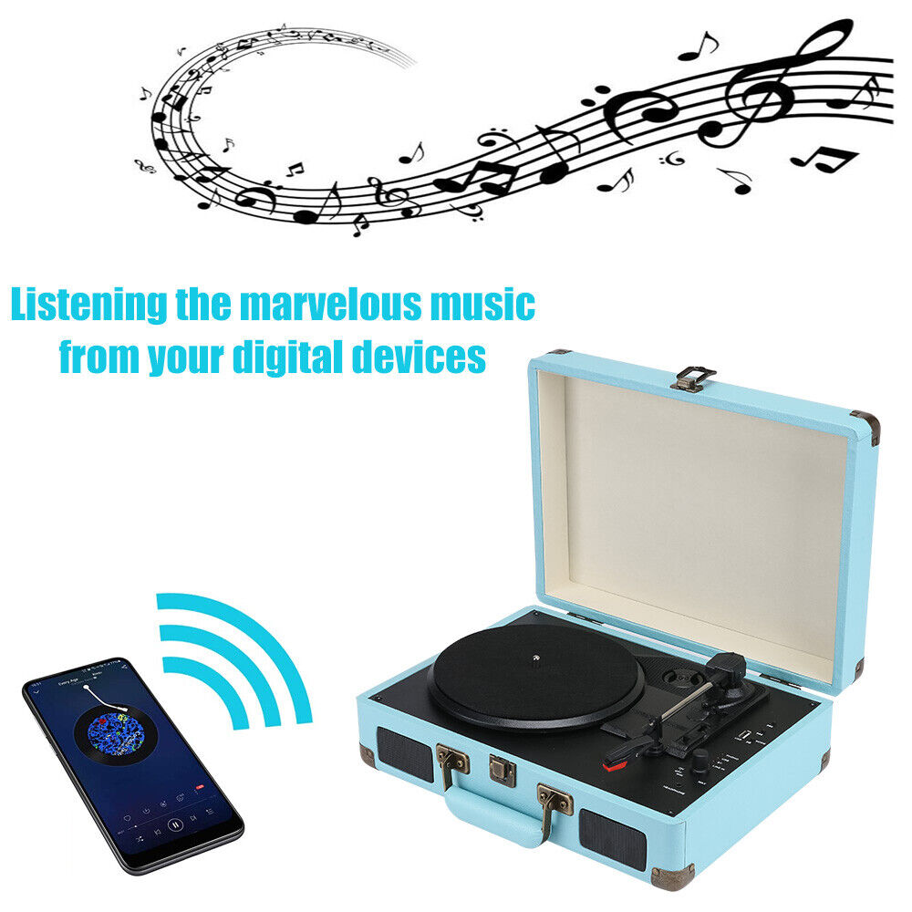 NNEDSZ Blue Retro Briefcase Vinyl Record Player Suitcase 3 Speed Turntable Stereo Christmas