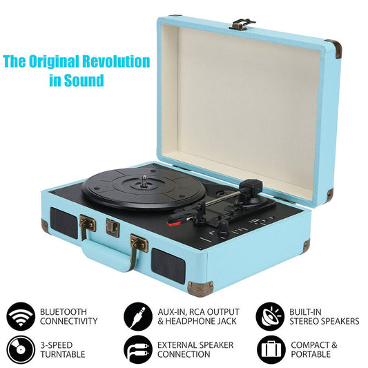 NNEDSZ Blue Retro Briefcase Vinyl Record Player Suitcase 3 Speed Turntable Stereo Christmas